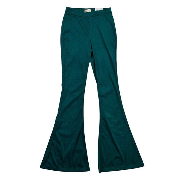 NWT SO High Rise Pull-On Flare Leg Pants Emerald Green Juniors XS Stretch $44 - Picture 1 of 9